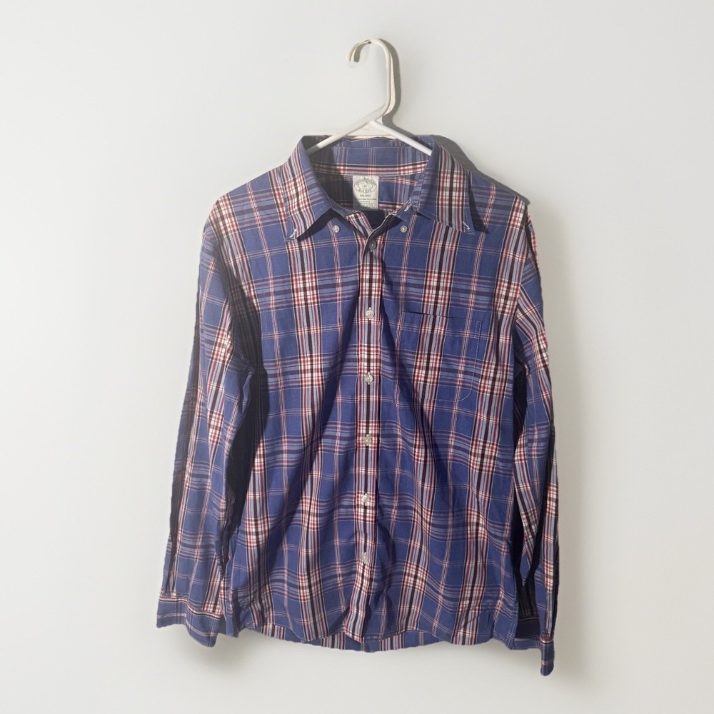 Brooks Brothers Long Sleeve Non Iron Shirt Milano Medium Mens Blue Plaid Supima